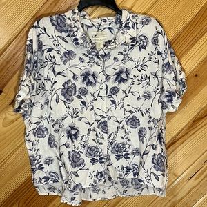 Cynthia Rowley  Blue Floral Linen Blouse Size L